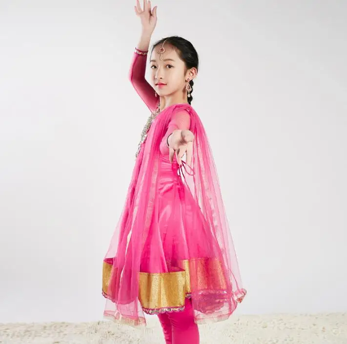 Sarees India Traditional Children Costume Ethnic Style Girl Performance Dance Suits dress+pants+scarf