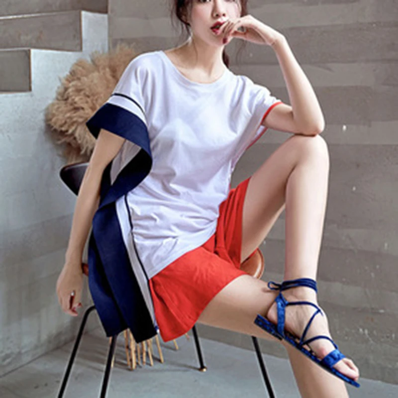 

2019 Spring and Summer Irregular Slit Short Sleeve T-shirt Women's Loose Casual T-shirts Ruffles Patchwork O-Neck T-shirts