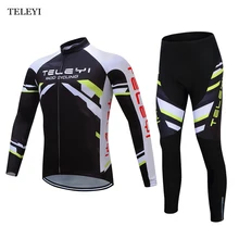 TELEYI Pro Mens Clothing Set Maillot Ropa Ciclismo MTB Bike Bicycle Cycling Long Sleeve Jersey & Bib Pants Suit Black
