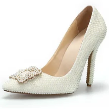 Fashion Elegant Ivory Color Bridal Dress Shoes Women Stiletto Heel Dress Pumps Genuine Leather Pointed Toe Pearl Wedding Shoes