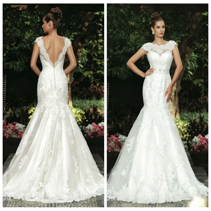 Старинные Кружева Аппликации Русалка Свадебные Платья Cap Плеча Рукавов