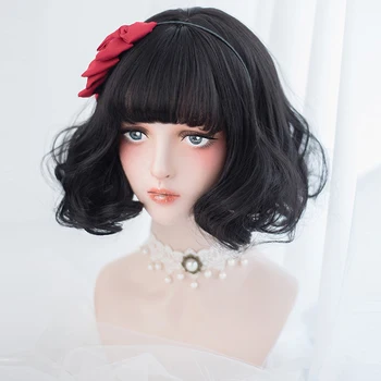 

Daily 30cm Black Curly Heat Resistant Cosplay Fancy Party Synthetic Wig With Bang + Cap H762347