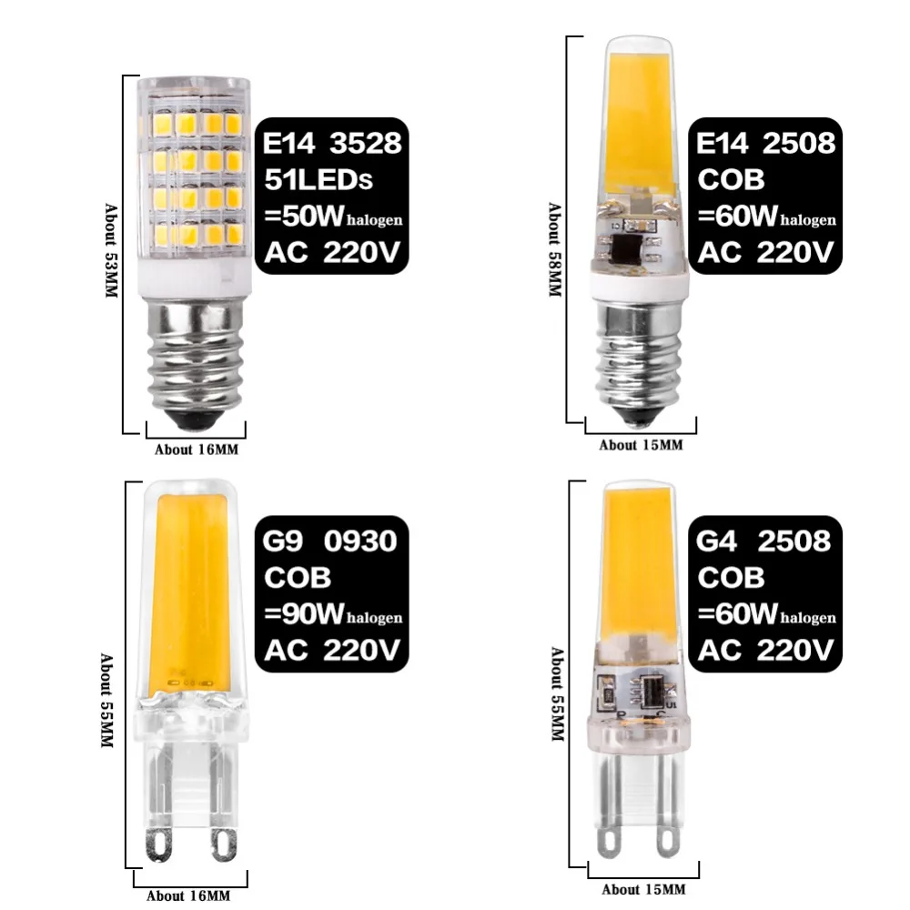 G4 G9 E14 Светодиодная лампа с затемнением освещения AC DC 12 В 220 В 3W 6 Вт 9 Вт COB SMD заменить галогенные лампы прожектор Bombillas люстра