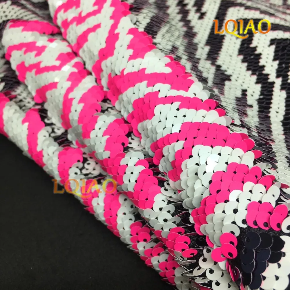 Zebra White Neon Pink Reversible Sequin Fabric 02