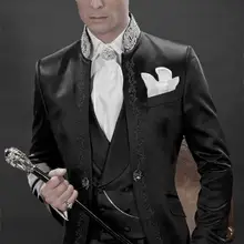 Модный стиль, одна кнопка, черная вышивка жениха смокинги друзей жениха, мужские свадебные костюмы для выпускного вечера жениха(куртка+ брюки+ жилет) K: 1008