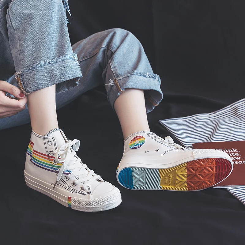 Women Rainbow Shoes High Up Lacing Girls White Sneakers Colorful Summer New Students Casual Shoes Zapatillas Lona Mujer