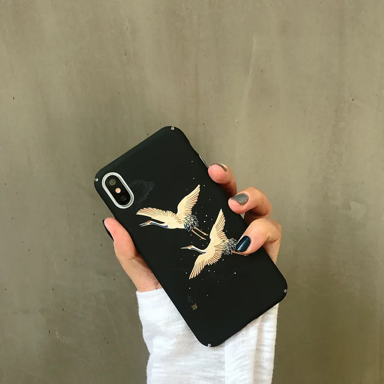 

Fashion Japanese Crane Bird Phone Case For iPhone 6 6 Puls 6S 7 8 Puls X XS Max XR Cases Black Hard Plastic Glossy Back Cover