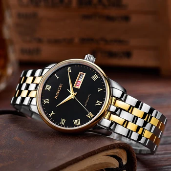 

Mige 2018 Top Brand Luxury Hot Sale Automatic Mens Watch Skeleton Steel Gold Case Black While Waterproof Man Mechanical Watches