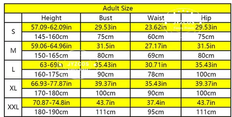 size chart for adult spider man costume