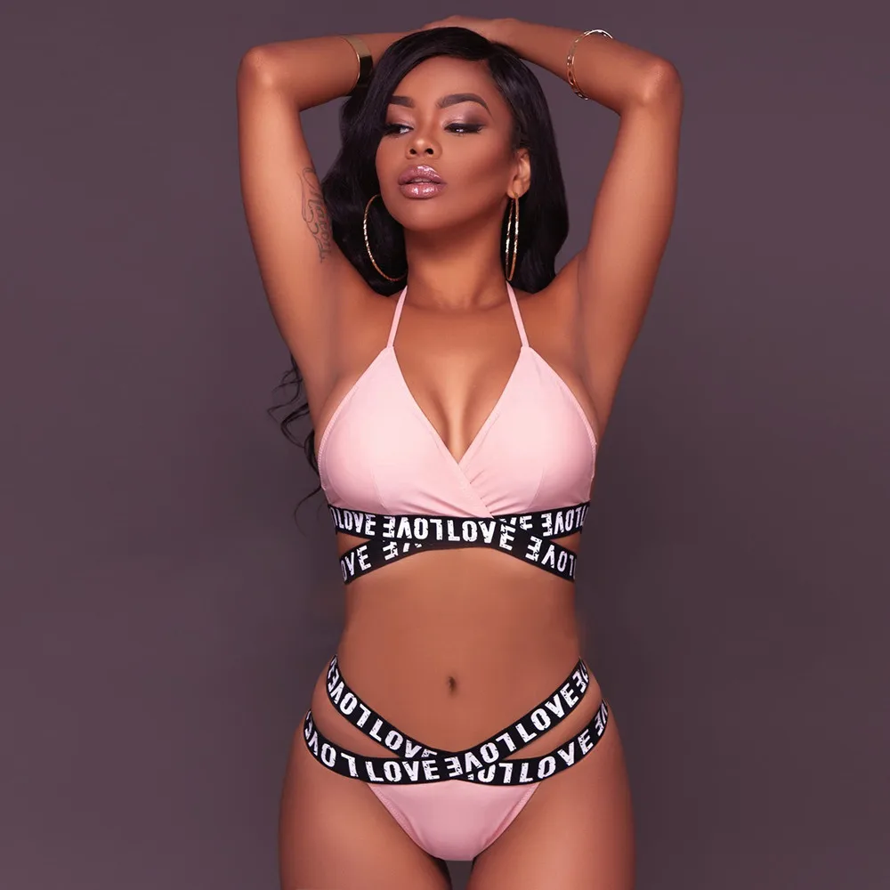 

Woman Sexy swimwear love letter black Beachsuit bikini suit bandage triangle swimsuit biqini gifts maillot de bain femme #0626