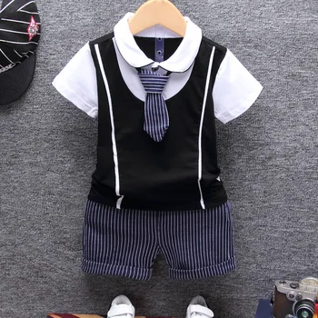 

2019 Summer Baby's Sets Boys Short Sleeve Lapel Collar Bowtie T-shirts + Striped Shorts Gentlmen Party Children Kids 2Pcs Suits