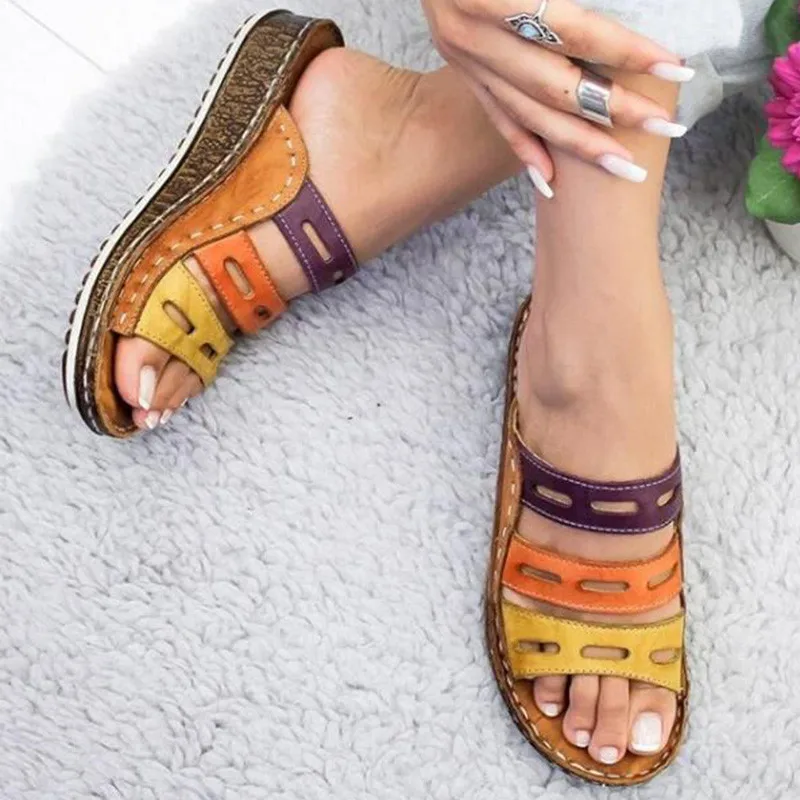 

Women Slippers Mixed Color Shoes Hollow Wedges Platform Flat Sole Beach Mules Ladies Slides Party Sandals Zapatos Mujer