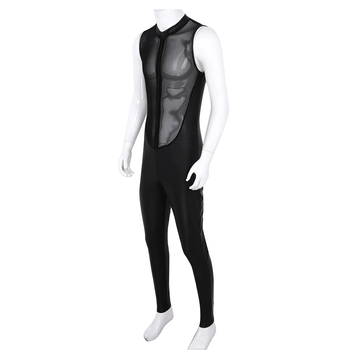 Tiaobug Adult Black Wetlook Patent Leather Sheer Mesh Splice Zipper Crotch Leotard Bodysuit Men Jumpsuit Zentai Club Costume -Zentai shop online HTB1XweAauH2gK0jSZJnq6yT1FXaV.jpg