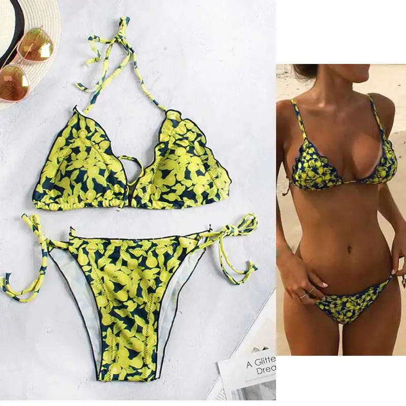 

Women's Tie Side Pantie Triangle Bikini Set Halter Padded Scallop Top Two-Piece Swimwear Ruffles Swimsuit Bathing Suits Lime