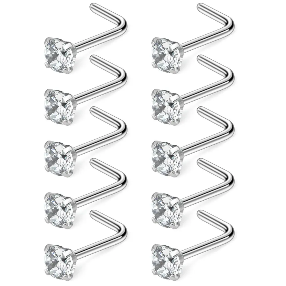 

JFORYOU 10PCS 22G Surgical Steel Mix Color CZ Nose Stud Rings L Shaped Piercing Jewelry 1.5mm 2mm 2.5mm 3mm