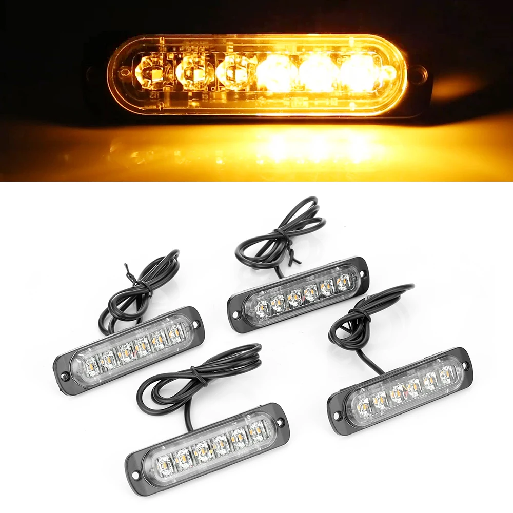 

4pcs 6LED Car Truck Emergency Front Flasher Strobe Light Yellow Warning Light Strobe Light 12-24V