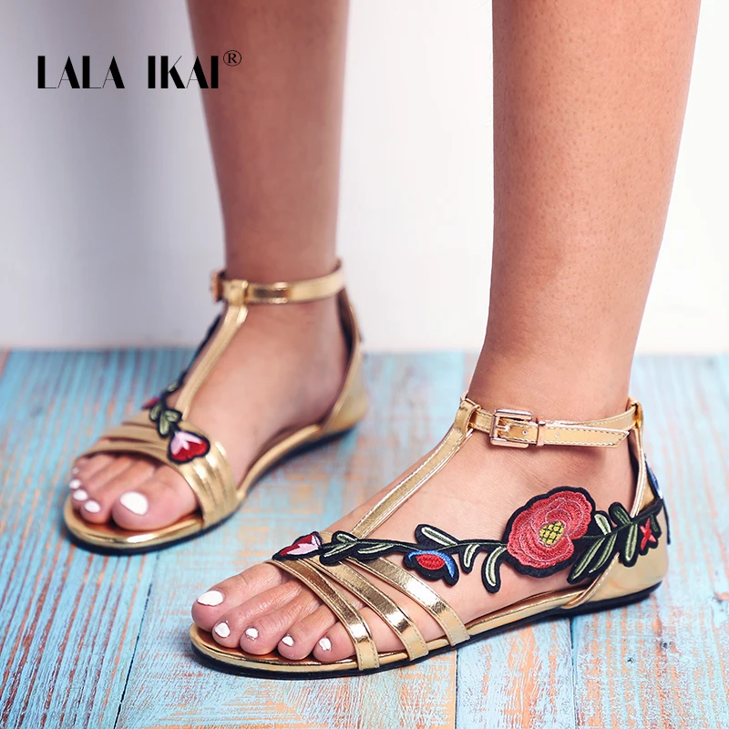 

LALA IKAI Summer Women Platform Sandals Embroidery Floral Narrow Band Buckle Cover Heel Sandales Femmes Gladiator 014A1684 -49