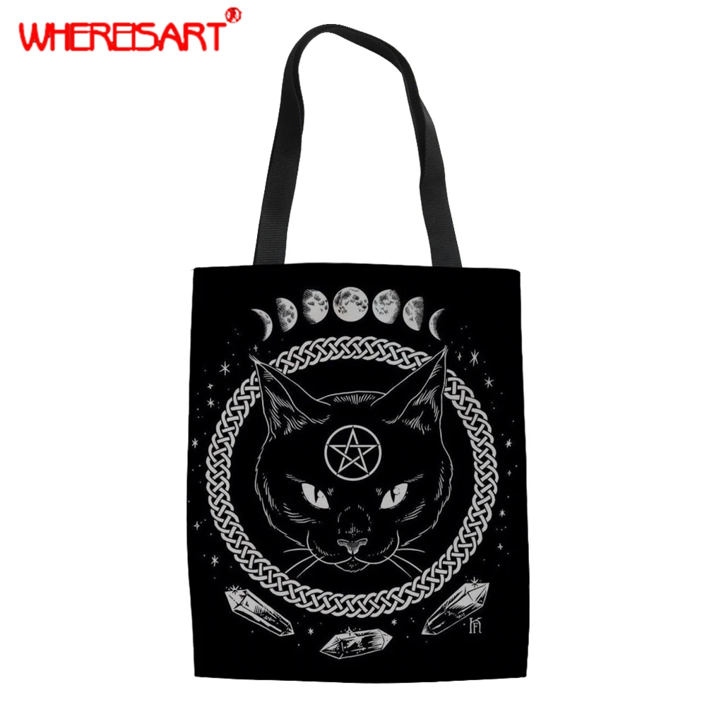 

WHEREISART Handbags Female Gothic Moon Phase The Witching Hour Witchcraft Black Cat bags for women 2019 large shoulder tote bags