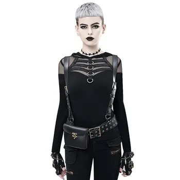 

Small Waist Bag Retro Black PU Leather Motorcycle Leg Bag Women Men Gothic Victorian Shoulder Metal Chain Bags