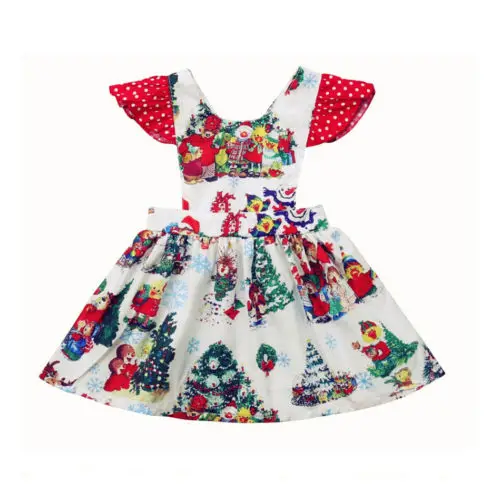 

Christmas Floral Girls Princess Dress Cartoon Xmas Print Bandage Baby Party Clothes Sleeveless Bow Knot Backless Newborn Dresses
