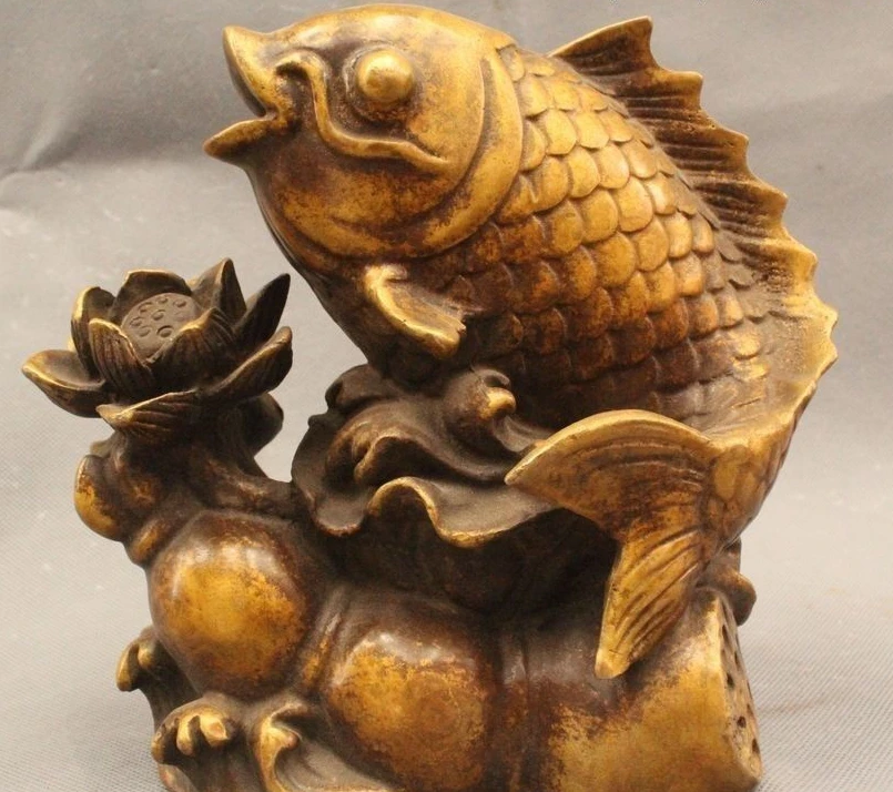 

8"China Chinese Fengshui Bronze Rich Year lotus flower Fish cyprinoid Statue