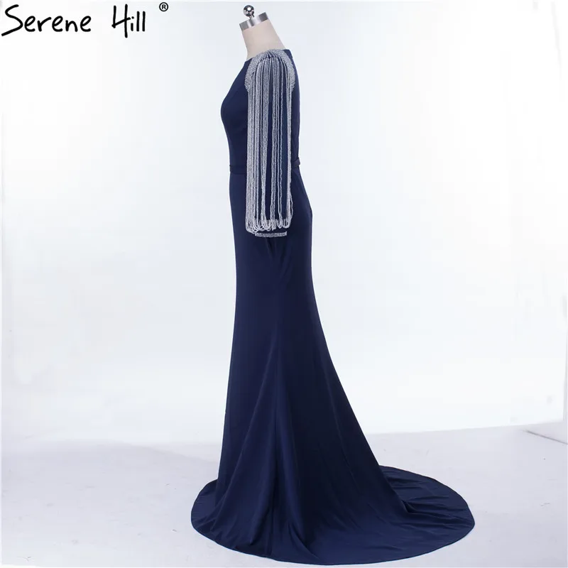 Long Sleeves  Black Beading Chain Elegant Mermaid Prom Dresses Crystal Beading Satin Dresses For Prom 2020 SERENE HILL LA6219