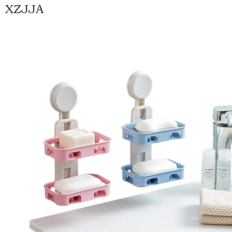 

XZJJA Creative Kitchen Bathroom Accessories Soap Holder Two Layer Suction Holder Soap Dish Storage Basket Soap Box Stand