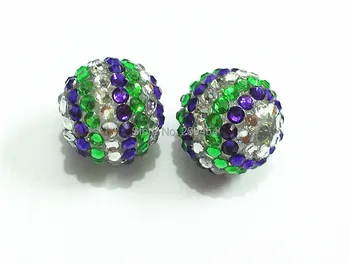 

Newest !! 20mm 100pcs/lot Green /Purple/White Stripe Resin Rhinestone Ball Beads,Chunky Beads For Kids Jewelry Making