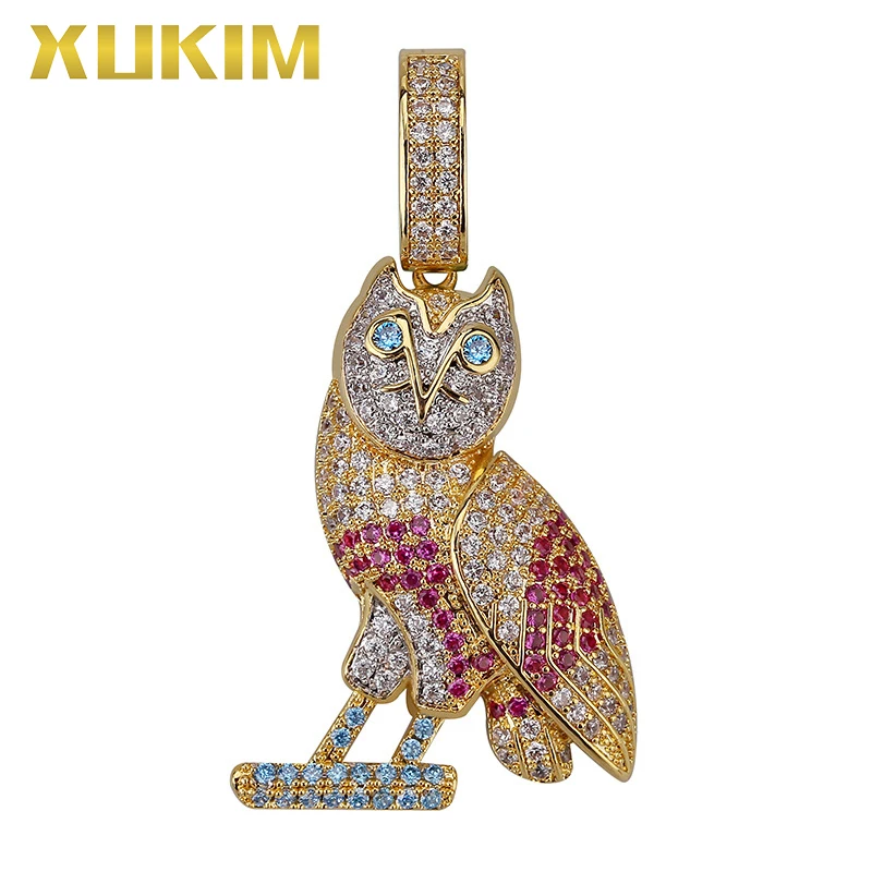 

Xukim Jewelry Bling OVO DRAKE Full Iced Out Colors Cubic Zirconia Blue Eyes Animal Bird Owl Pendant Necklace Hip Hop Jewelry