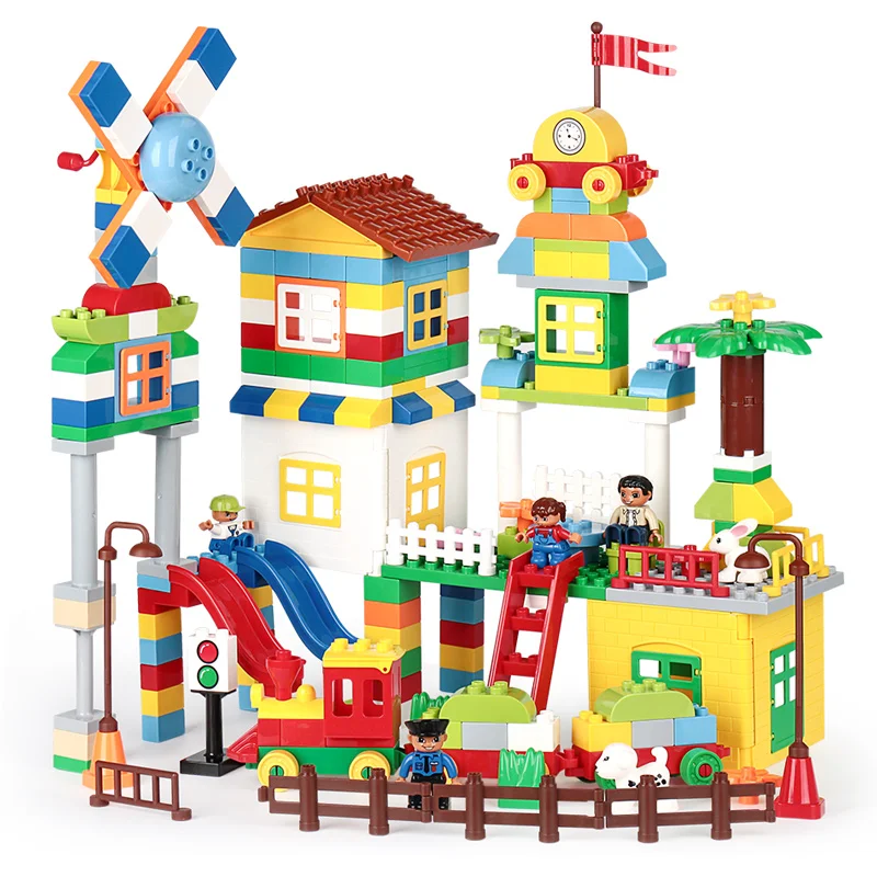 

253Pcs Duploe Train Park Windmill House Building Blocks Compatible Duplos Farm Set Big Particles Toys for Children Gift