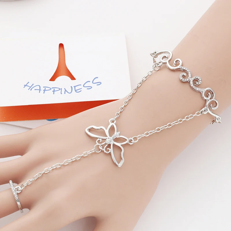 

Elegant Rhinestone Butterfly Flower Bracelet With Multilayer Chain Circle Finger Animal Wedding Bracelets For Women Pulseira