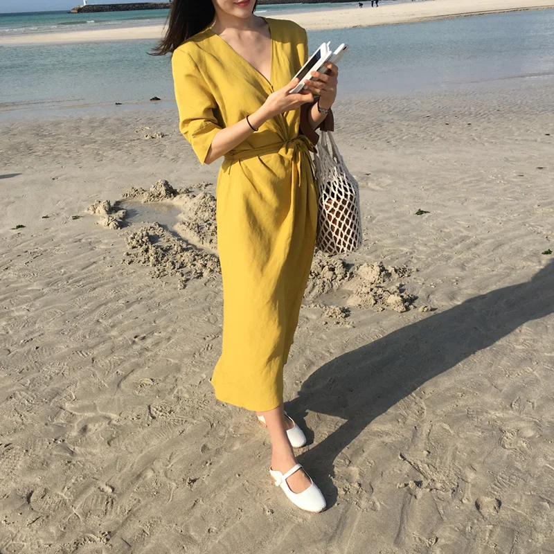 

girls Summer Women dress Cotton Linen OL Casual short Sleeve Dresses Female Dress V neck Solid Yellow dress Robe Vestido