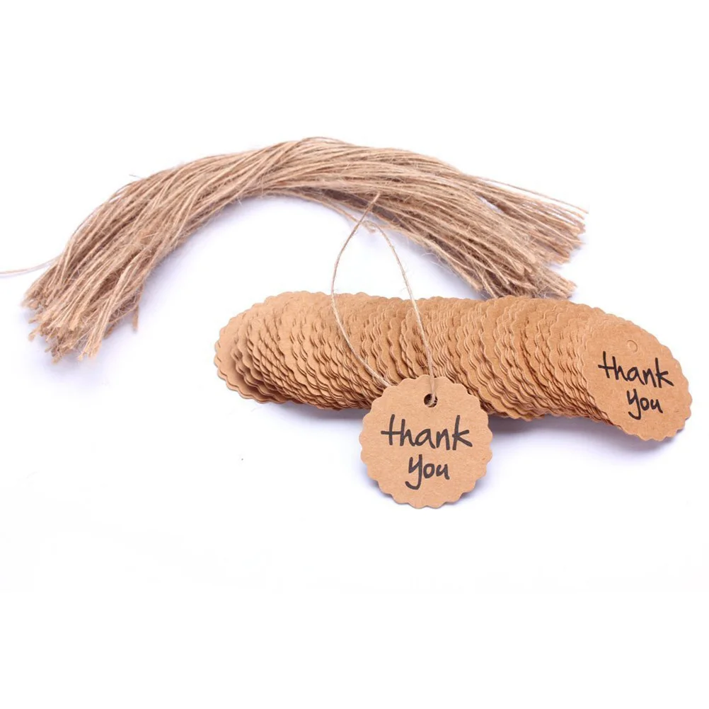 

100pcs Thank You Wedding Party Favor Scalloped Round Kraft Paper Tag with String (Brown)