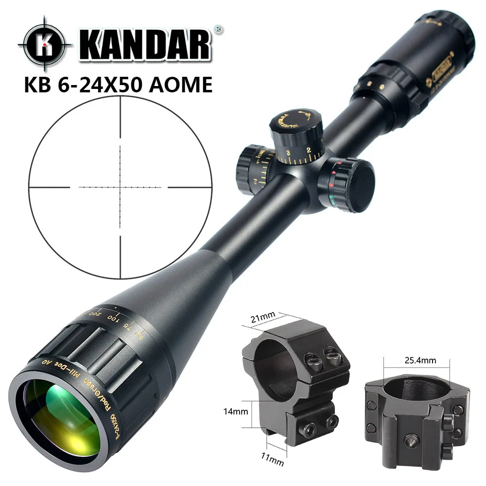 KANDAR Gold Edition 6-24x50 AOME стекло гравированное Mil-dot Сетка фиксирующий прицел охотничий прицел тактический оптический прицел - Color: with Dovetail Rings