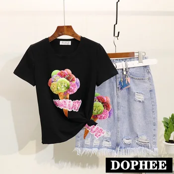 

2019 New Summer Women's Sequin Ice Cream Short Sleeve T-shirt + Grinded Tassel Denim Skirts Jean Sets Women's Two-piece Suit
