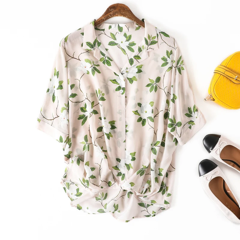 Женская блузка из натурального шелка, креповая блузка с цветочным принтом, рубашка с коротким рукавом, офисные женские блузки, летняя рубашка бежевого цвета