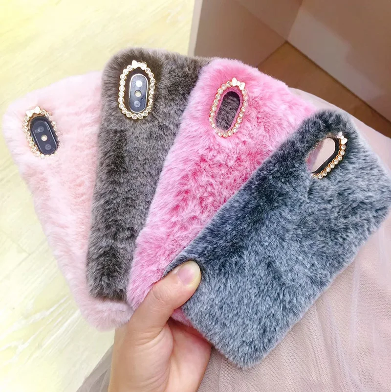 Luxury Rabbit Fur Case for iPhone XS Max XR Bling Diamond Soft Furry Plush Girly Cover 8 7 6 6S Plus Winter Warm |