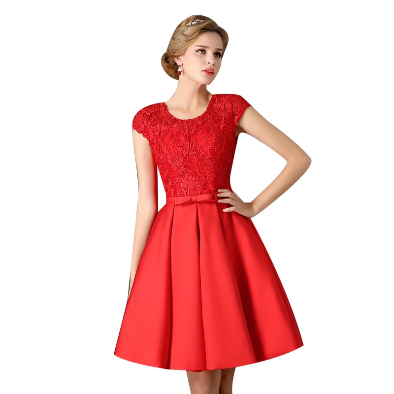 Short Cocktail Dresses Satin Lace Prom Dresses Red Cap