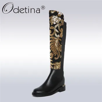 

Odetina 2018 New Fashion Winter Genuine Leather Women Knee High Boots Female Hidden Heel Stretch Fabric Boots Zip Big size 34-42