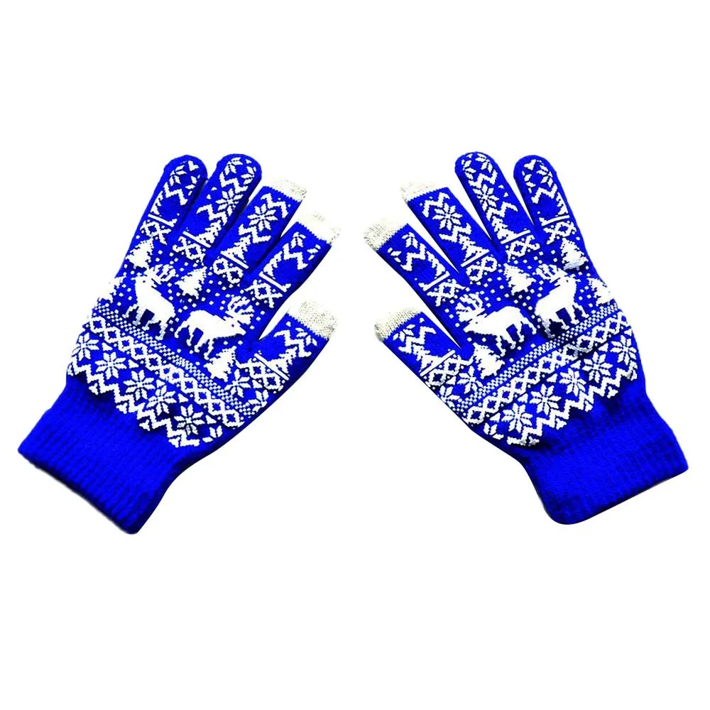 Рождественские перчатки унисекс для мужчин и женщин, зимние теплые вязаные варежки с принтом лося, милые классические перчатки с пятью пальцами# LR2 - Цвет: Blue