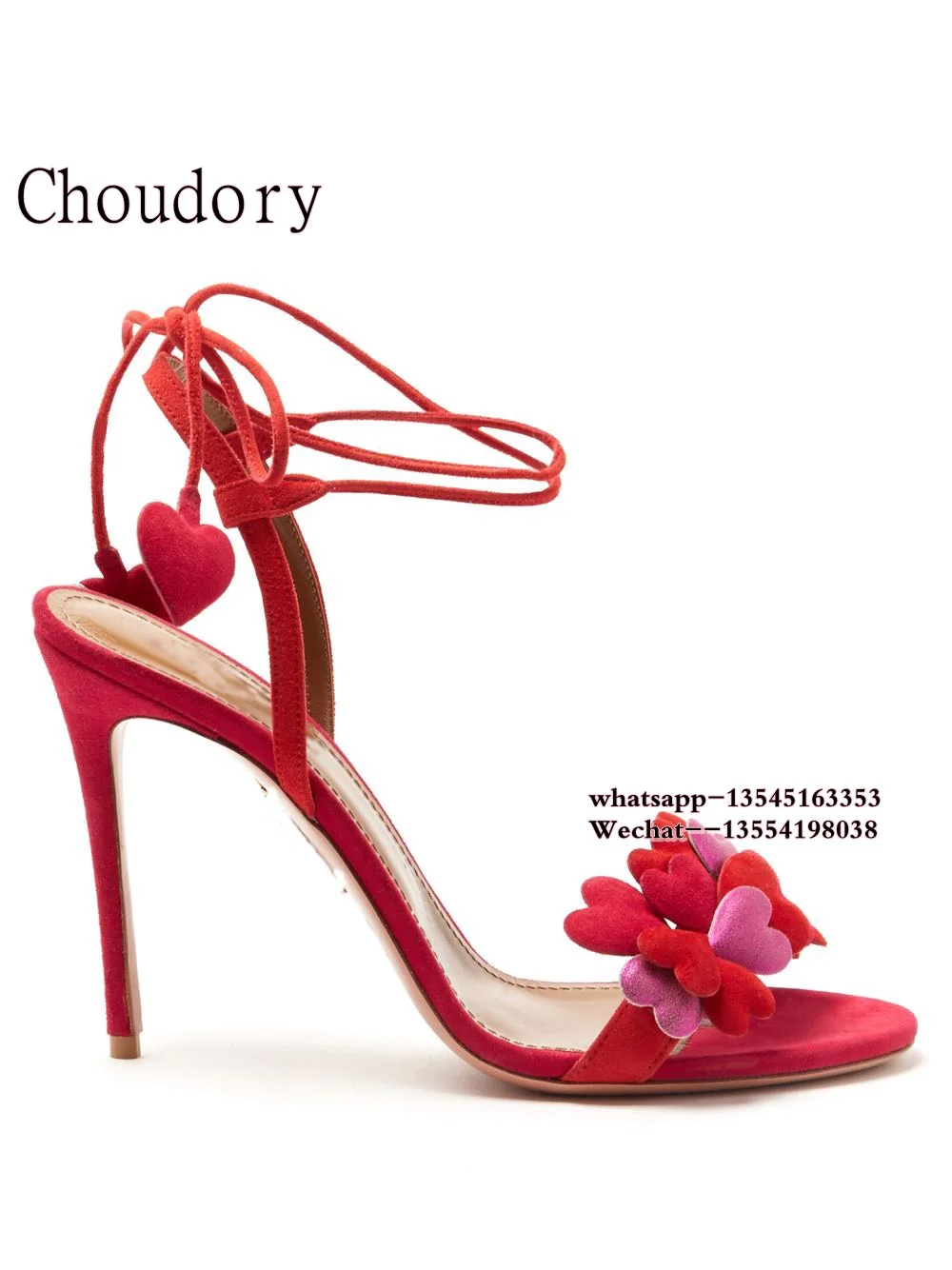 

Fashion Design Open Toe Red And Pink Hearts Femme 2018 Lace Up Suede Leather Gladiator Sandals Women Stiletto Strappy High Heels