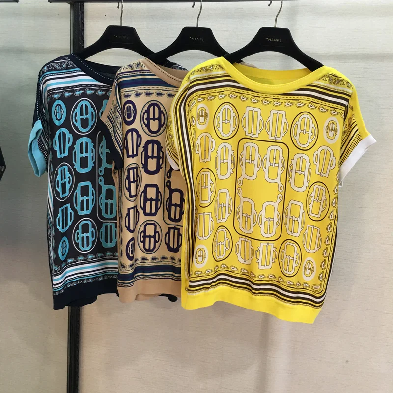 

locates silk print splicing bat sleeves women's fashion casual tops, geometric print women's tops