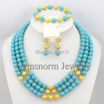 

Free Shipping Stylish 3 Rows African Beads Jewelry Set Handmade Stone Beads Party Jewelry Set Hot TN030
