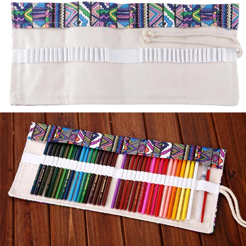 

Portable National Style 36/48/72 Hole Slots Canvas Pencil Case Pen Roll Up Bag for School Supply