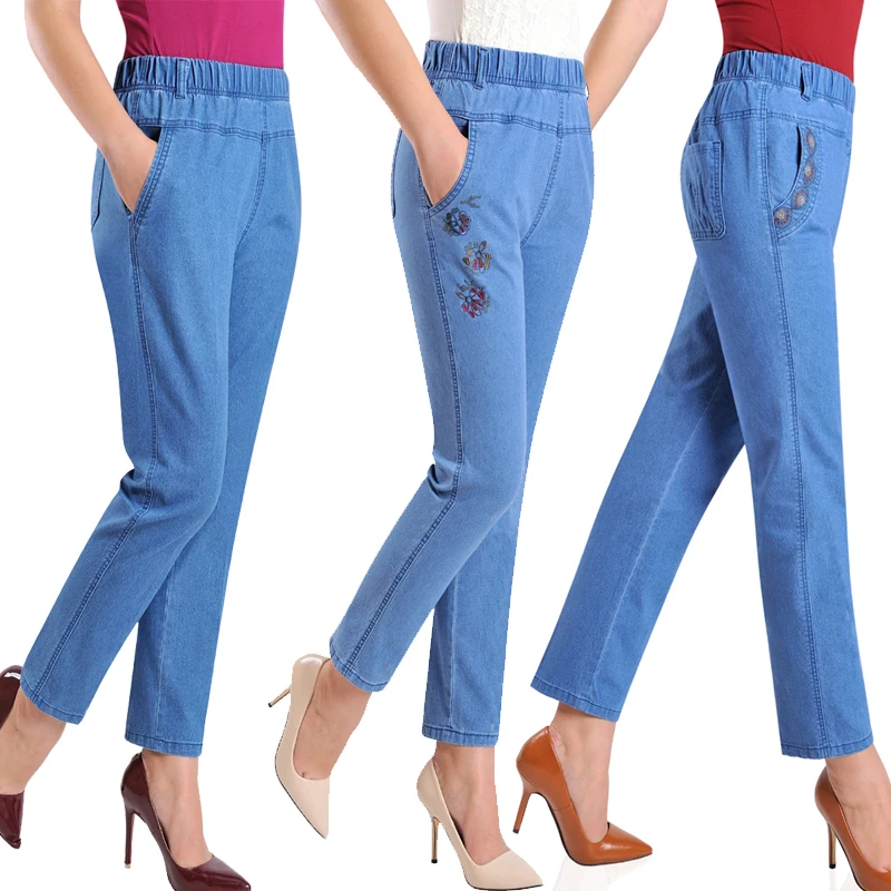 Женские джинсы размера плюс 5XL, весна-лето, новые джинсовые брюки с вышивкой, облегающие повседневные женские брюки с высокой талией H450