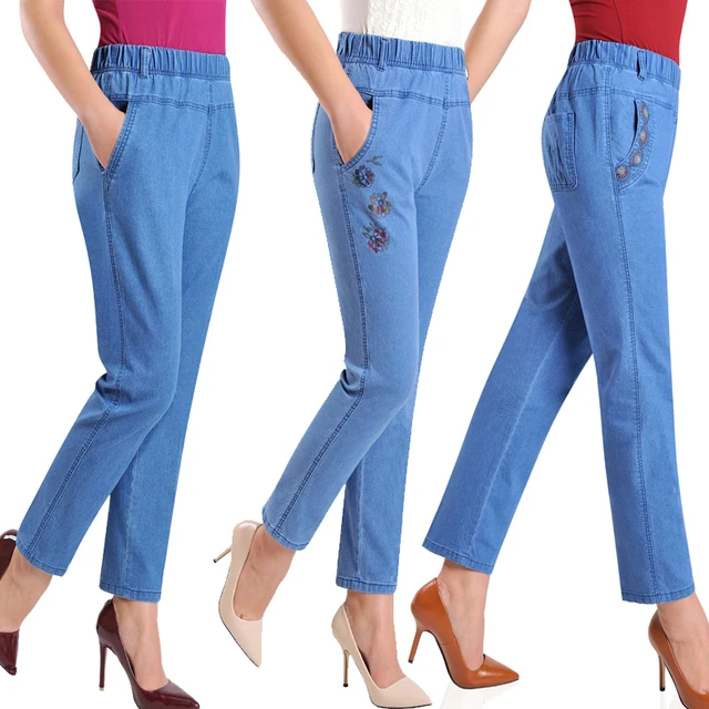 Plus Size 5XL Jeans Female 2019 Spring Summer New Embroidery Nine Denim Pants Slim High Waist Elasticity Casual Women Pants H450 1