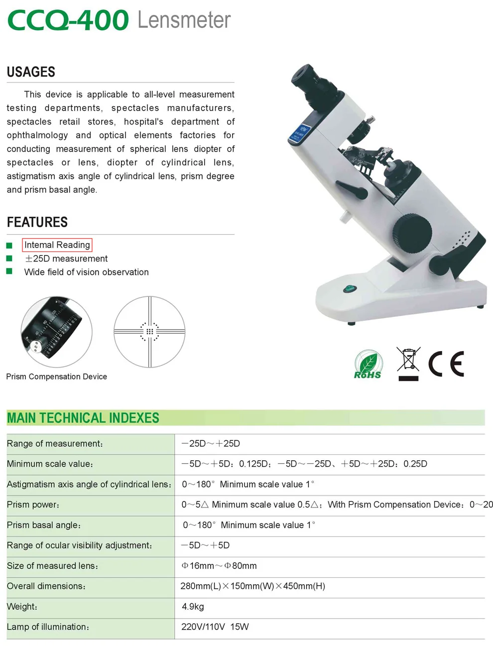 Внутренний Тип считывания ручного Lensmeter Focimeter lensoter с CE и FDA