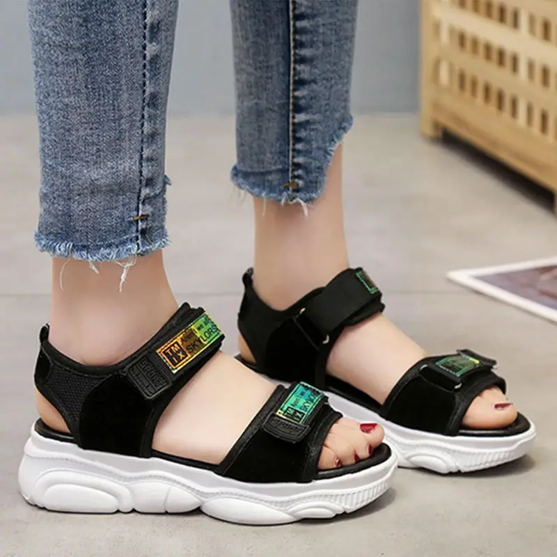 Г., летние уличные сандалии на платформе удобные женские спортивные сандалии на толстой подошве белая женская пляжная обувь в римском стиле, черный цвет - Цвет: Черный