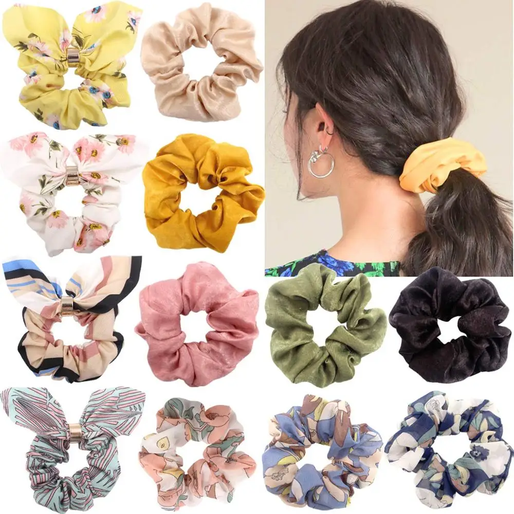 12 Pieces Women's Chiffon Flower Hair Scrunchies Hair Bow Chiffon Ponytail Holder Solid Colors Chiffon Hair Ties For girls teen