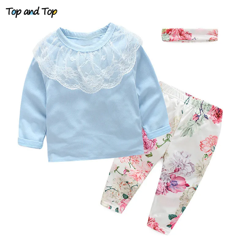 Топ и топ, одежда для маленьких девочек Одежда для новорожденных девочек Осенняя хлопковая футболка+ штаны+ лента для волос для девочки, комплект одежды - Цвет: Небесно-голубой